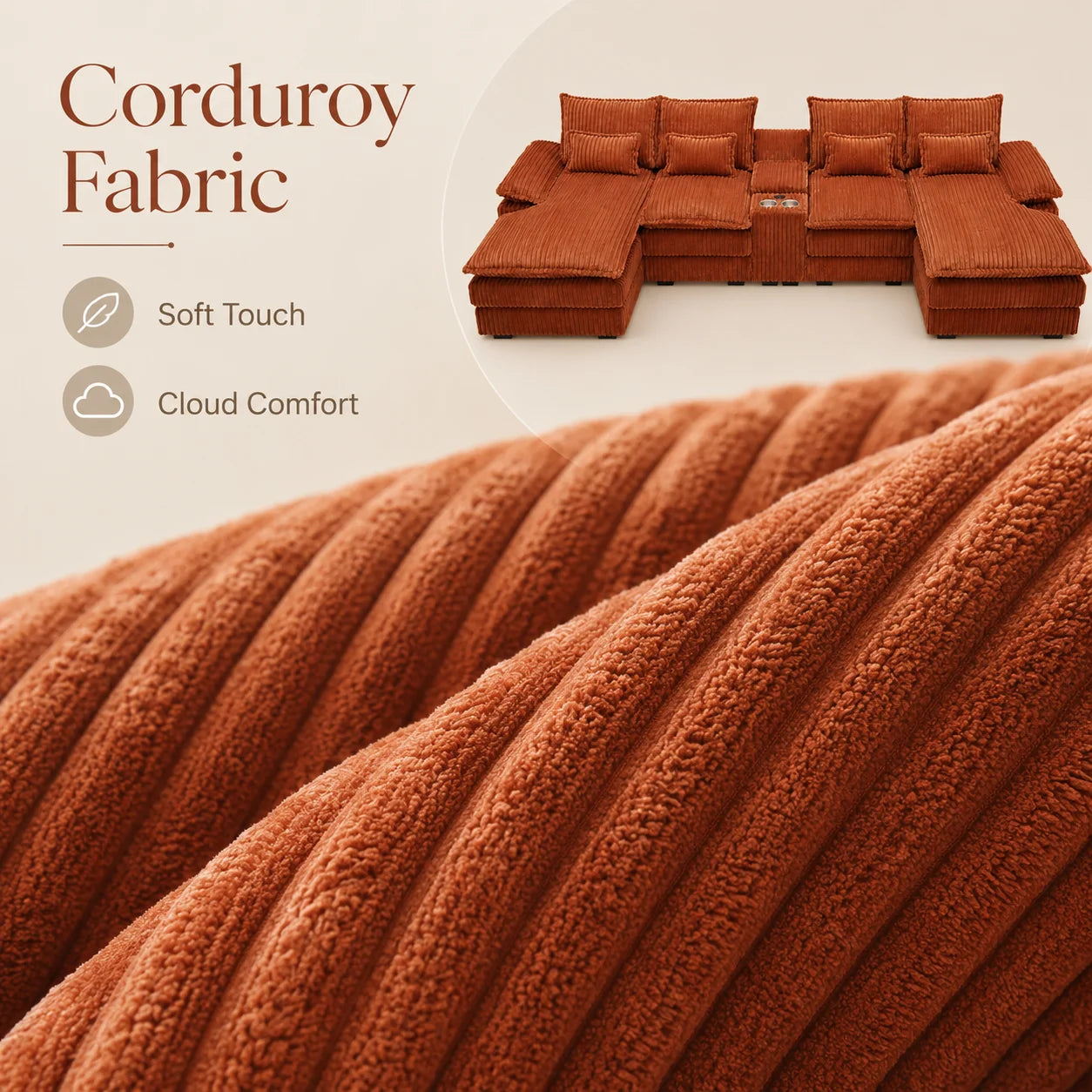 120" 5-Piece U-Shaped Sofa, Modular Sectional with Console & USB Ports, Cloud-Like Corduroy Couch for Living Room or Office
