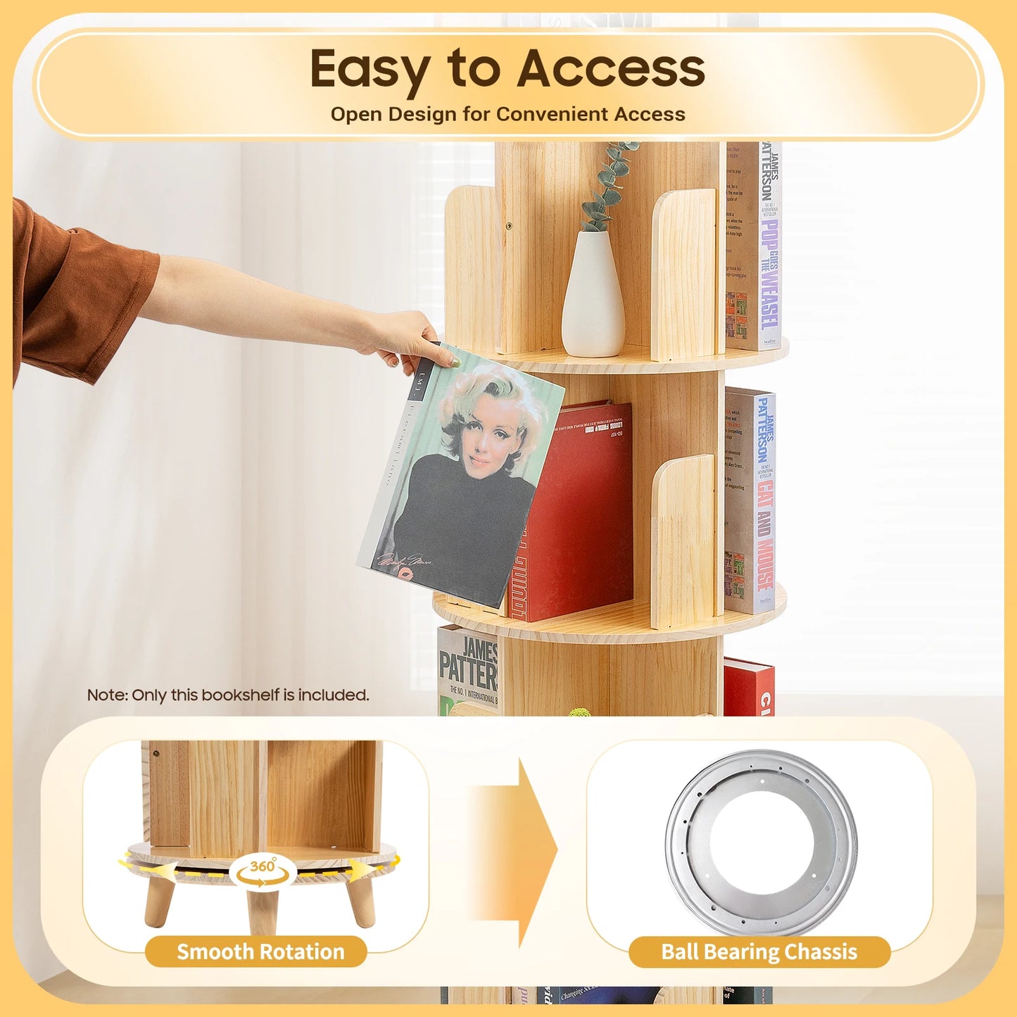 Rotating Cylindrical Bookshelf Freestanding Storage Rack For Kids Home Use