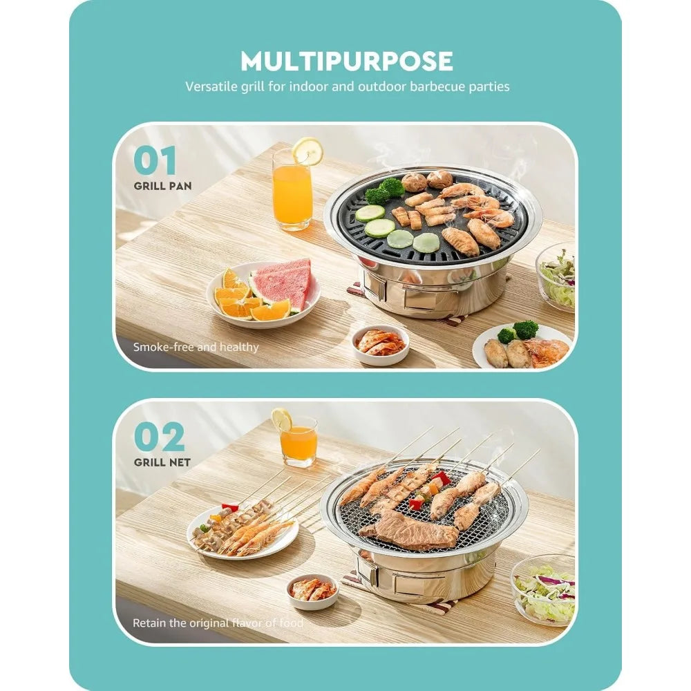 13.7 Inch Non-stick Stainless Steel Korean BBQ Grill Portable Charcoal Stove for Outdoor Camping Picnic Indoor Party Cooking