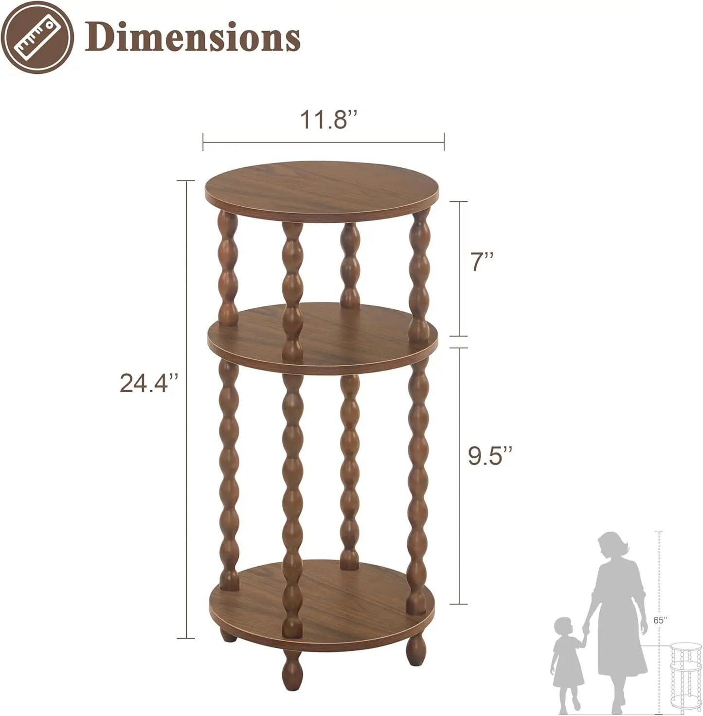 Round End Table With 3 Tier Shelf Wood Accent Nightstand