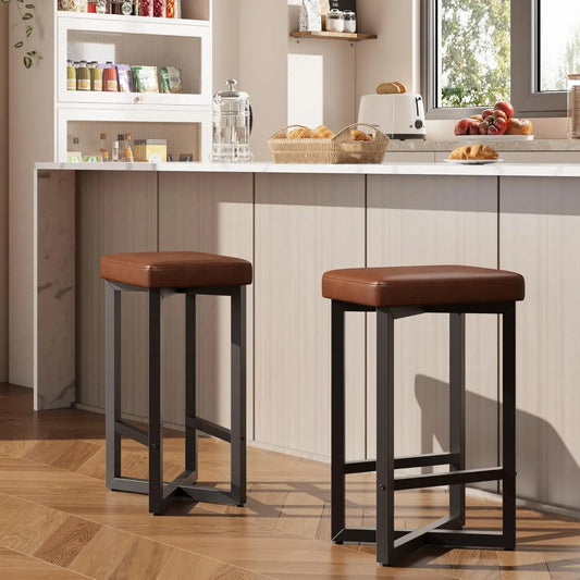 2PCS 24" Bar Stools Set Counter Height Backless Barstools with Metal X-Frame PU Leather Seats for Home Kitchen Bar Dining Room