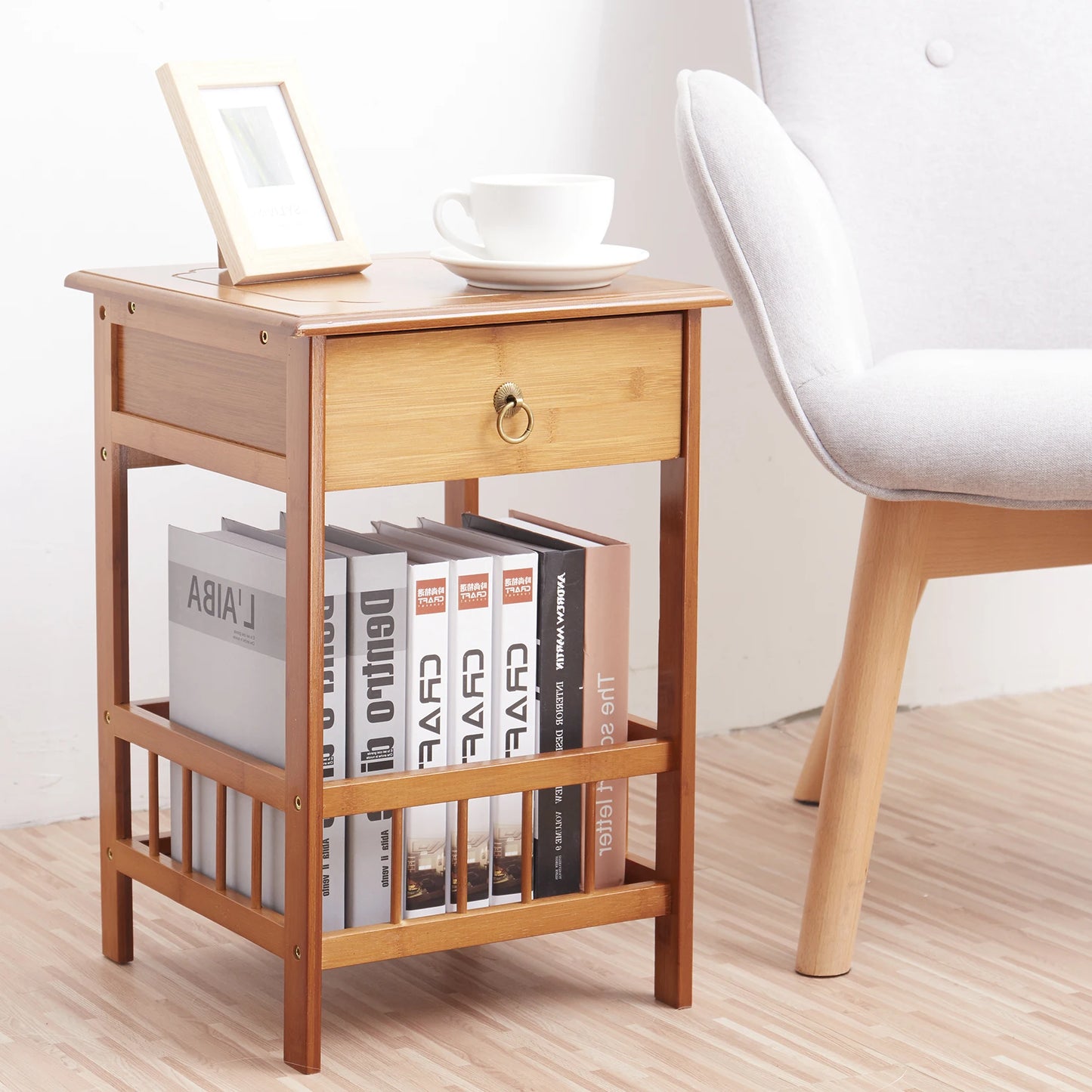 LUVODI Multifunctional Bamboo Bedside Table Drawer Nightstand