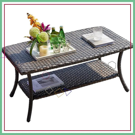 Rattan Outdoor Coffee Table With 2-Layer Storage Durable PE Wicker