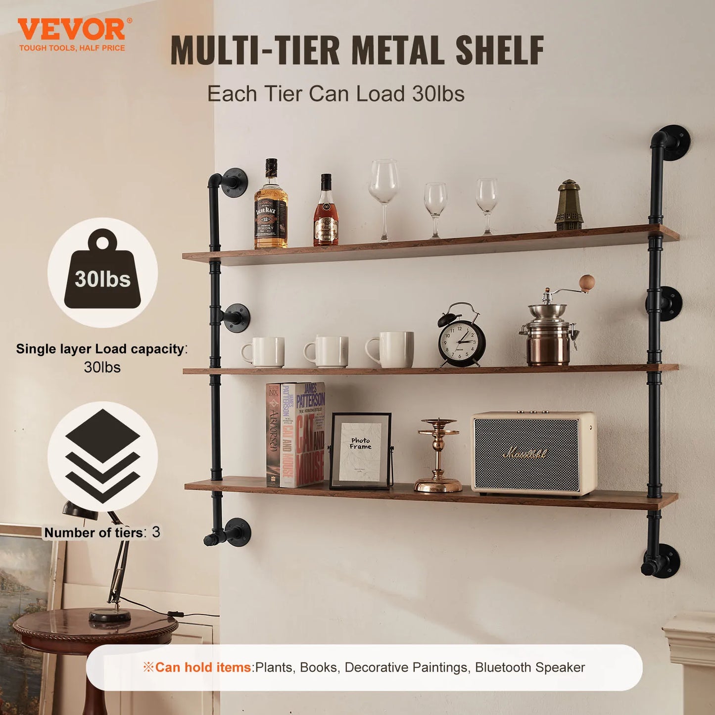 Industrial Pipe Shelf Wall Mount Rustic Wood Shelves Bracket Rack