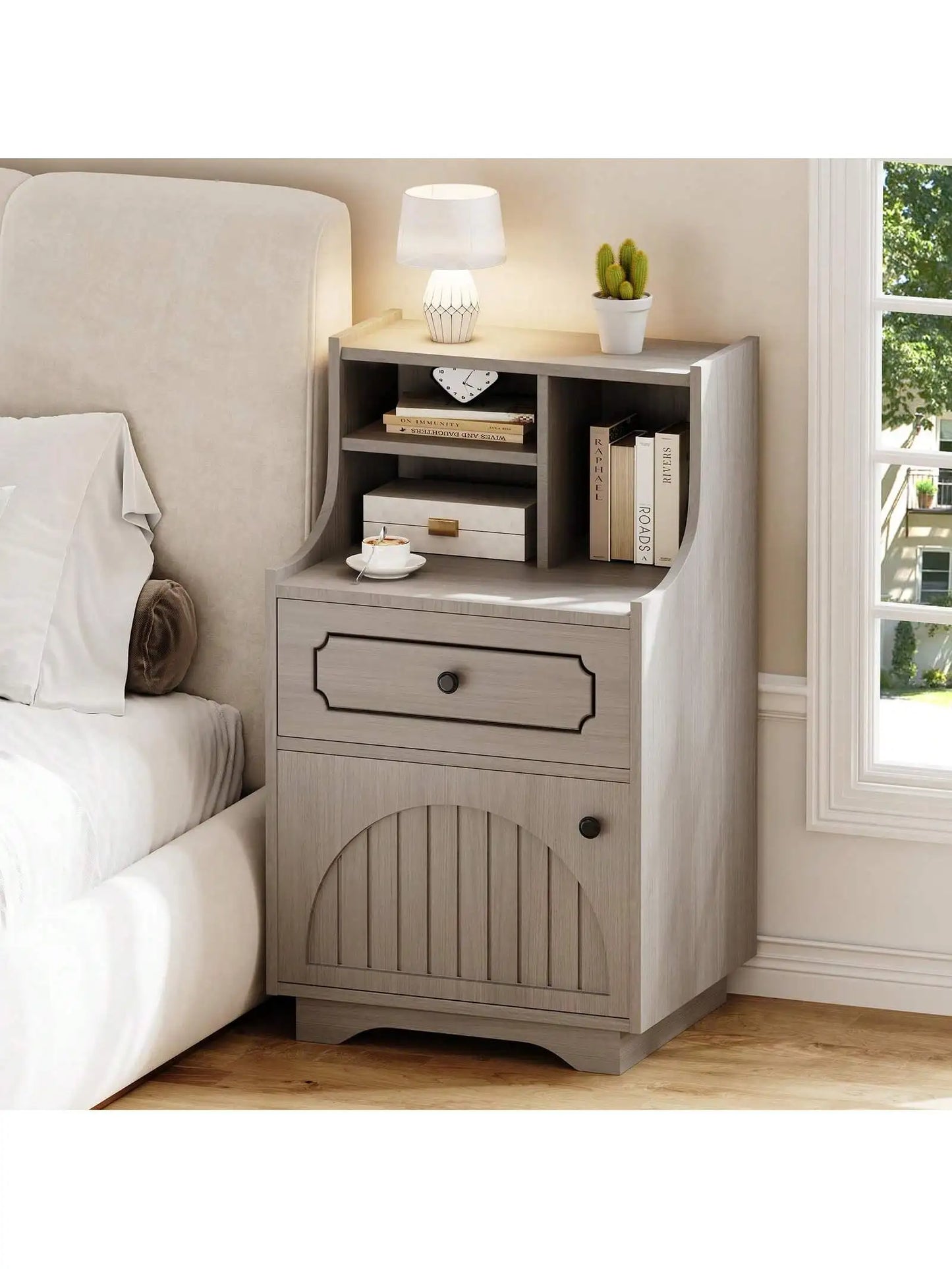 Farmhouse Modern Nightstand With Drawers And Barn Door Storage