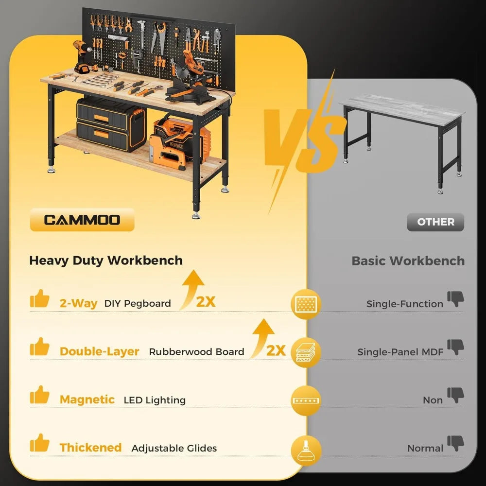 60" Adjustable Workbench with Storage Shelf, LED Light & Power Strip - 2000LBS Capacity