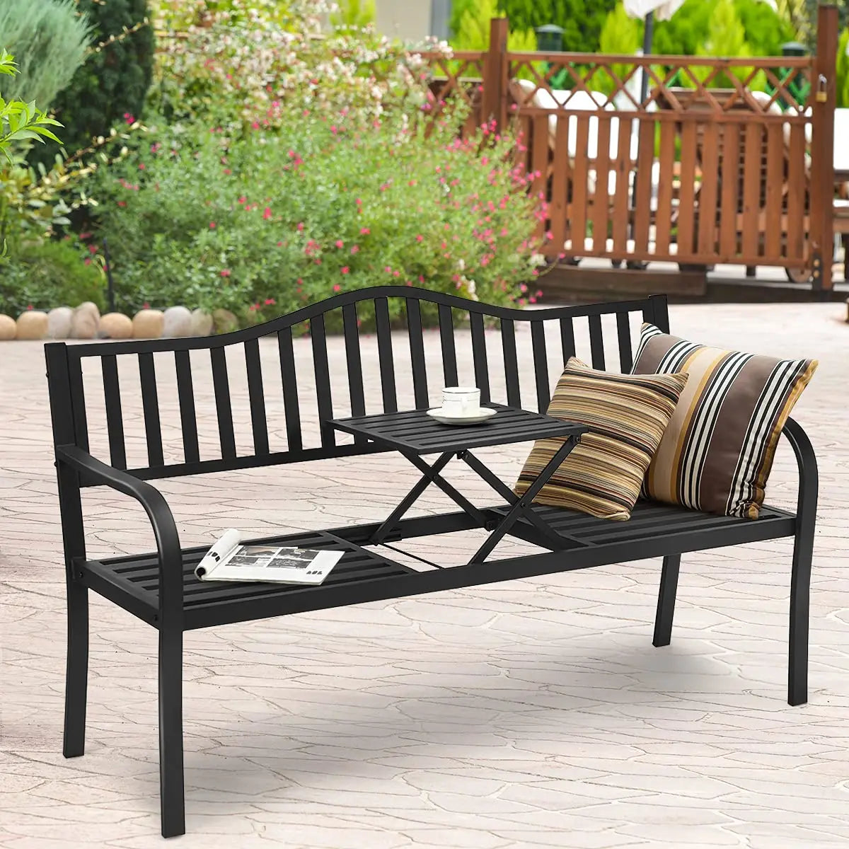 Black Steel Outdoor Garden Bench With Foldable Center Table And Striped Cushions For Patio Lawn Porch