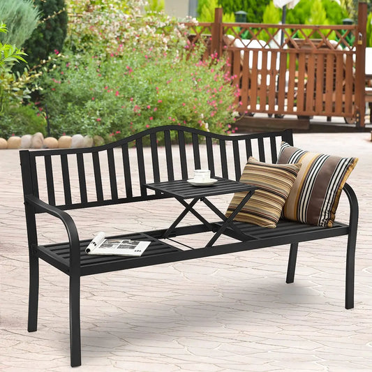 Black Steel Outdoor Garden Bench With Foldable Center Table And Striped Cushions For Patio Lawn Porch