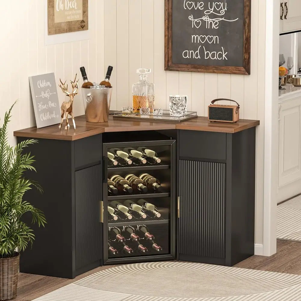 Bar Cabinet with ridge Space, Coee Bar Station with Storage, L Shaped Liquor Wine Cabinet or Home