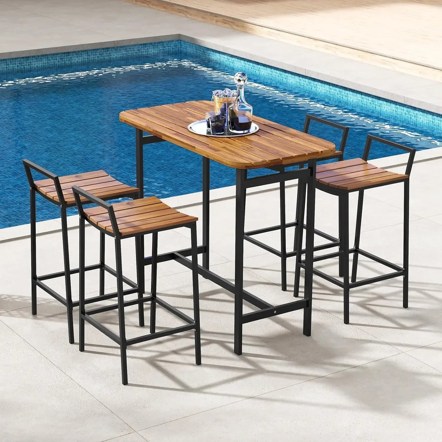 Outdoor Five Piece Acacia Bar Table Set Metal Frame Footrest