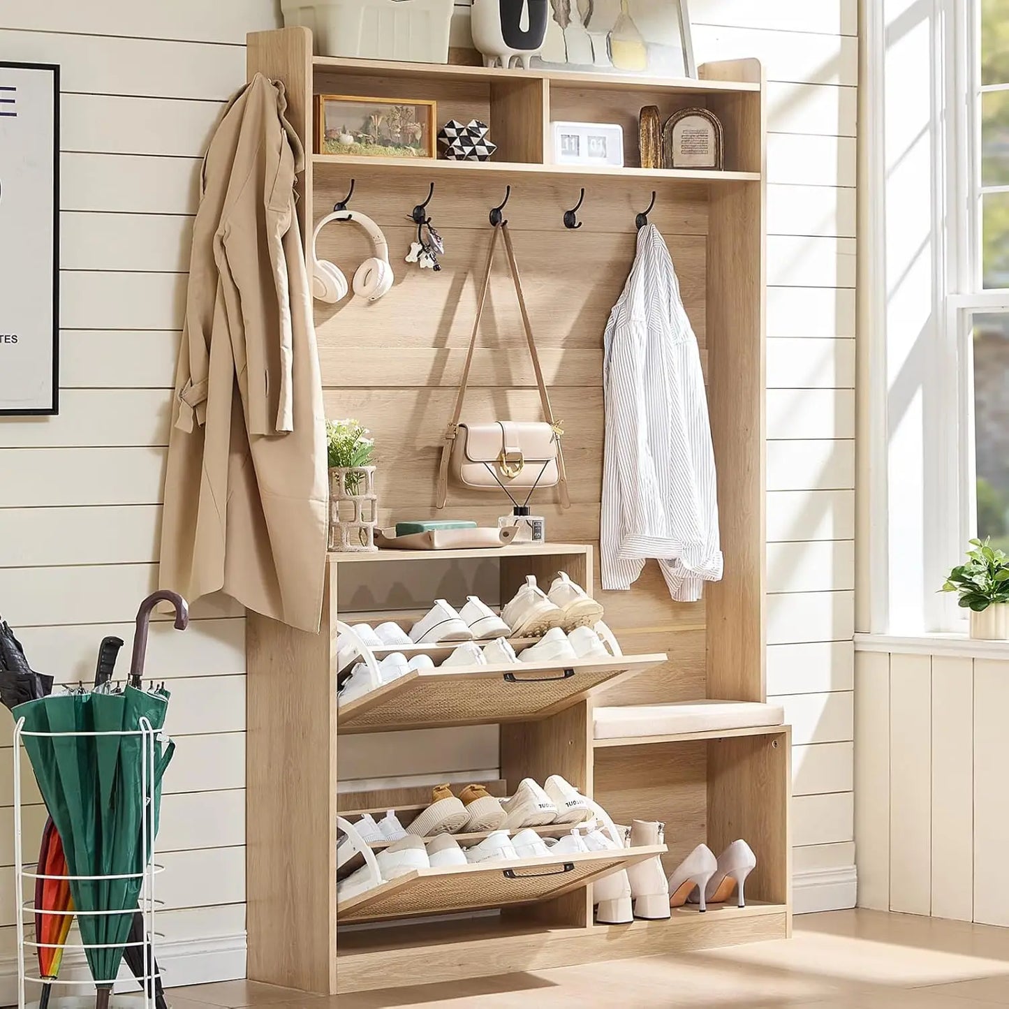 78" Tall Boho Hall Tree with Bench & Shoe Storage, 4-in-1 Mudroom Rattan Coat Rack with 2 Flip Drawers & Cushioned Stool