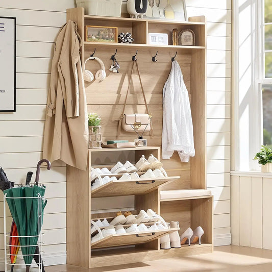 78" Tall Boho Hall Tree with Bench & Shoe Storage, 4-in-1 Mudroom Rattan Coat Rack with 2 Flip Drawers & Cushioned Stool