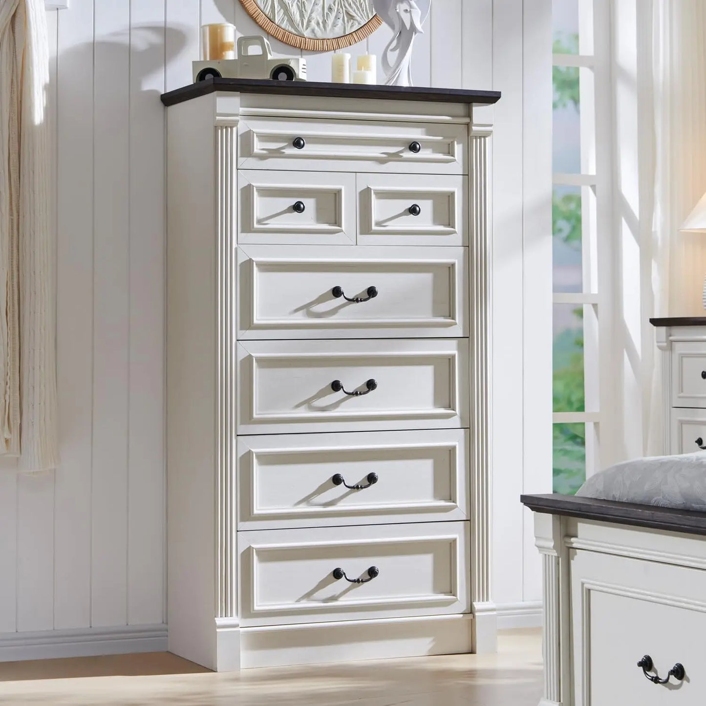 Farmhouse 7 Drawers Dresser for Bedroom, 57" Tall Dressers & Chests of Drawers w/Roman Column, Large Storage Dressers