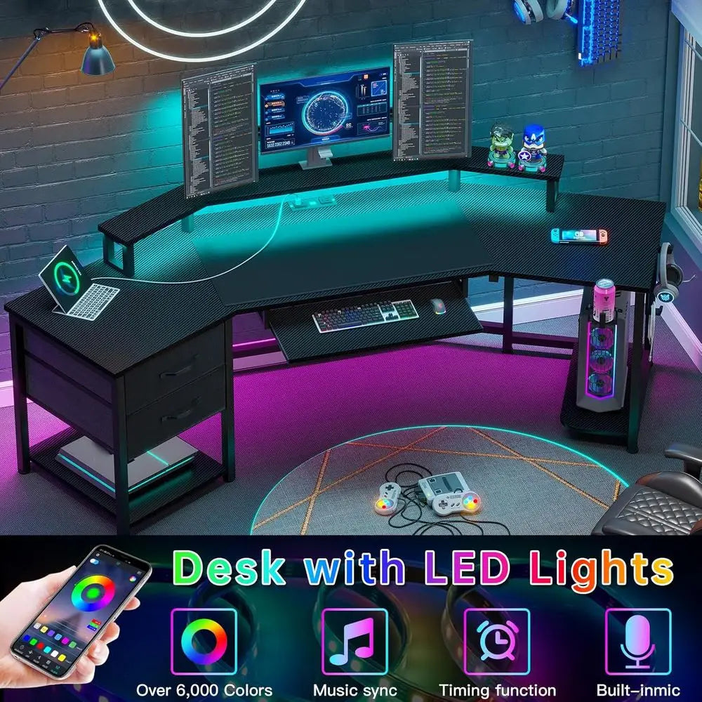 L Shaped Gaming Desk With Drawers Shelves And LED Lighting