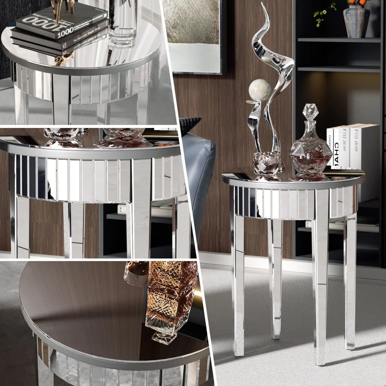 Round Mirrored Side Table Modern Glass Accent For Living Room
