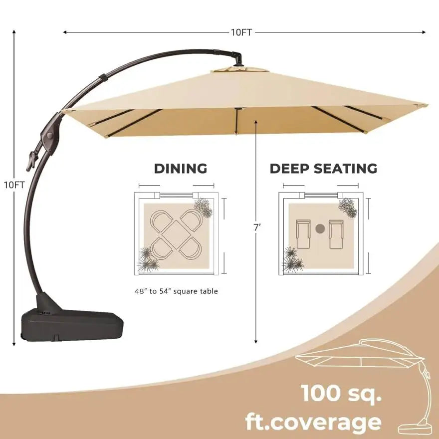 10x10 FT Patio Offset Umbrella, Large Square Aluminum Cantilever Umbrella Base Included for Deck Porch