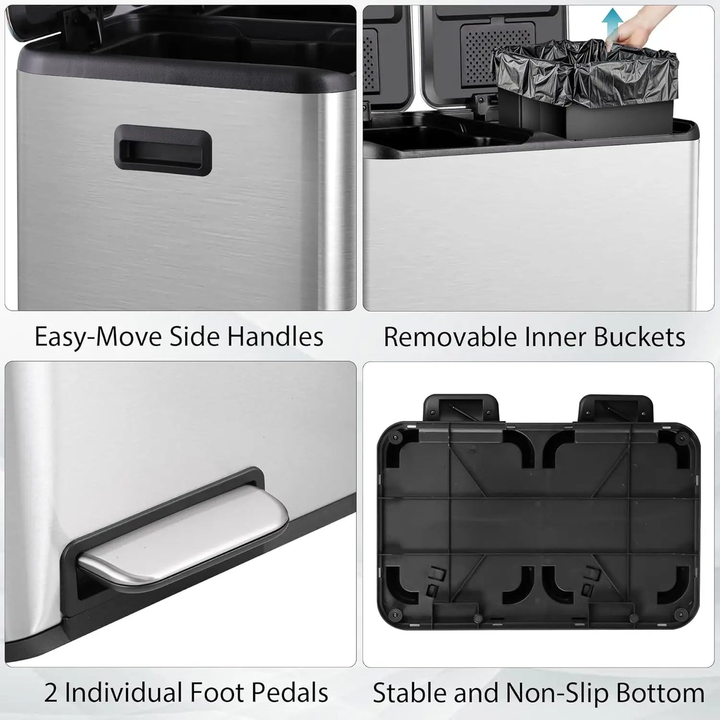 Durable Dual Stainless Steel Kitchen Trash Can With Pedal Recycling