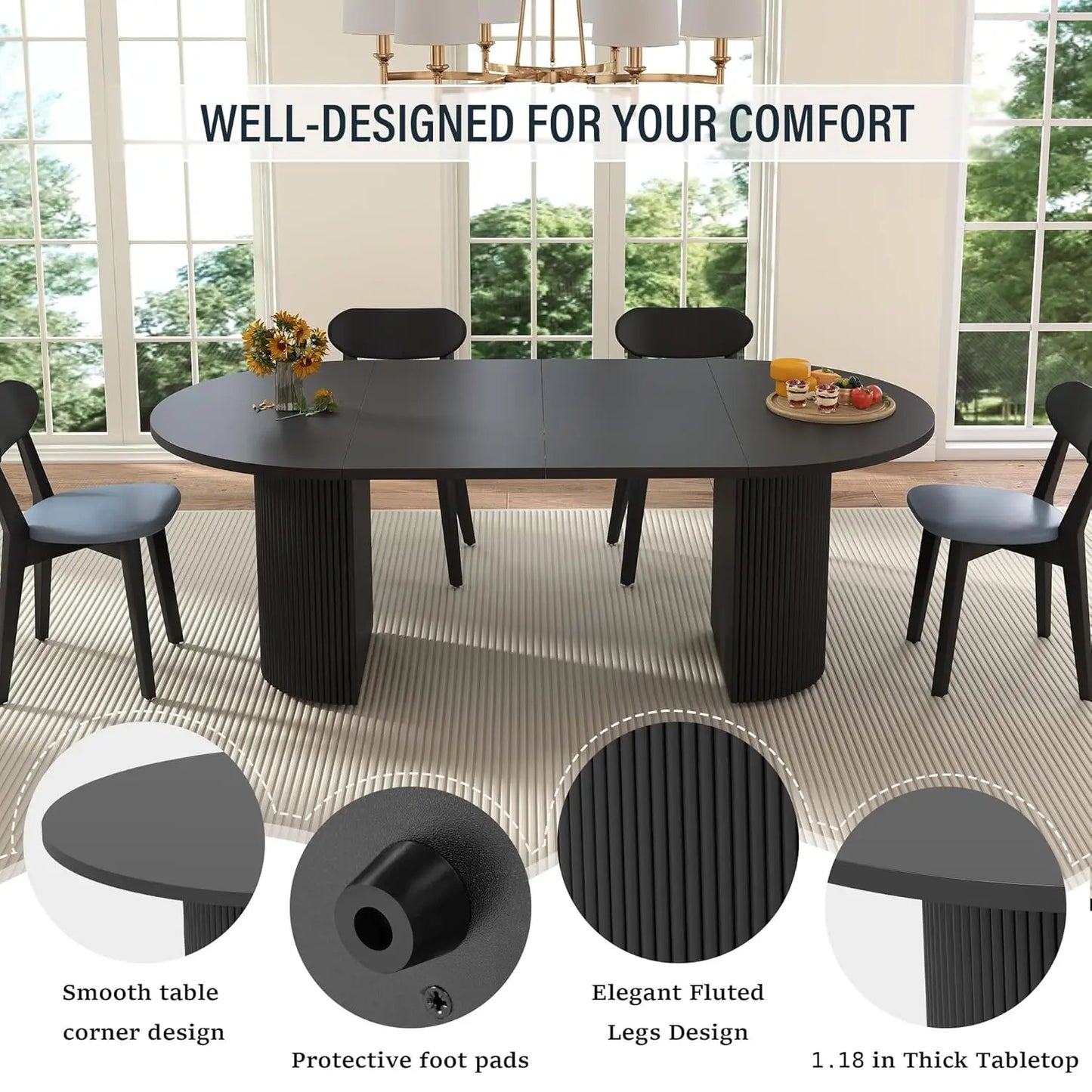 Extendable Dining Table 41-78in Seats 4-8 Round Expandable Kitchen Fluted Base Modern Oval Dining Room Living Room, Customized