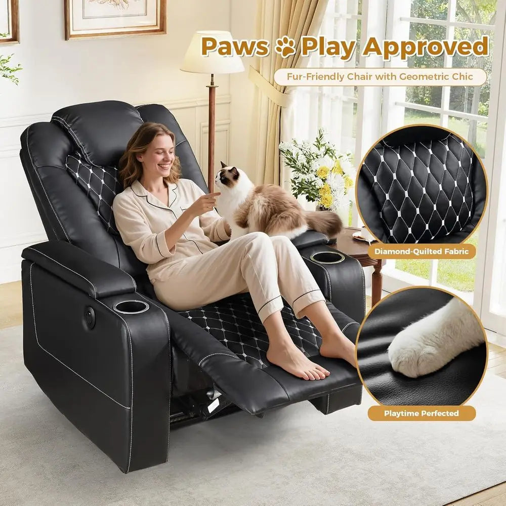 Black Leather Power Recliner with USB & Cup Holders, Home Theater Seating with Storage