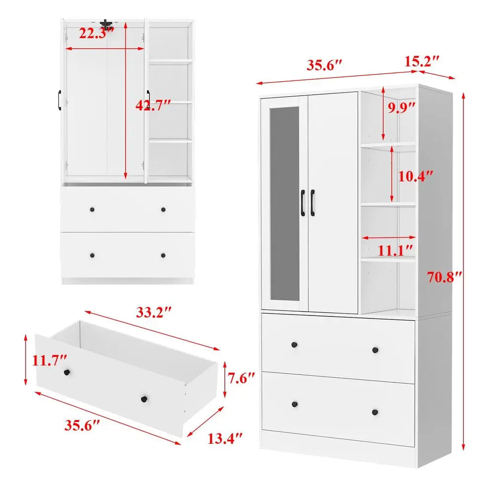 Wardrobe Armoire Wooden Closet with Mirror, 2 Doors, 2 Drawers, 4 Open Storage Cubes and Hanging Rod for Bedroom, White