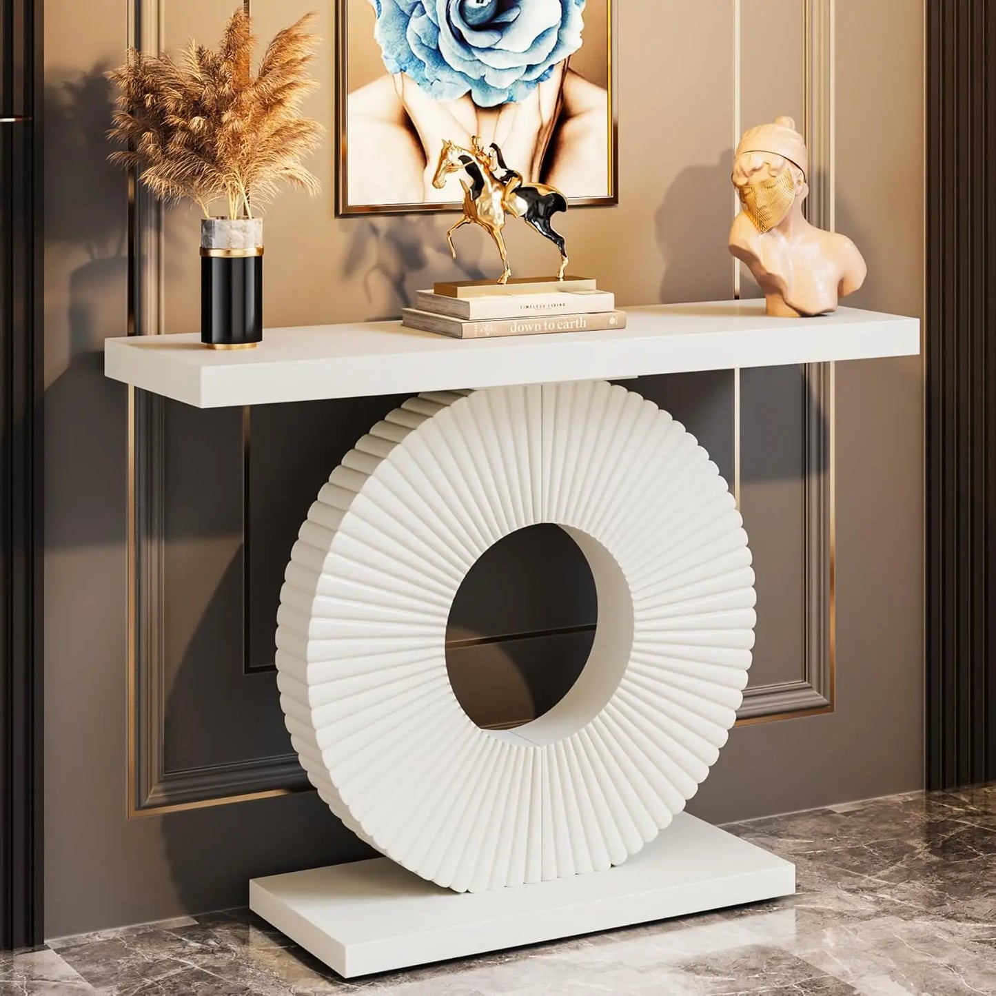 LITTLE TREE Modern Console Table with Geometric Base, 40 inch Wood Entryway Table,Accent Table for Living Room, Entryway