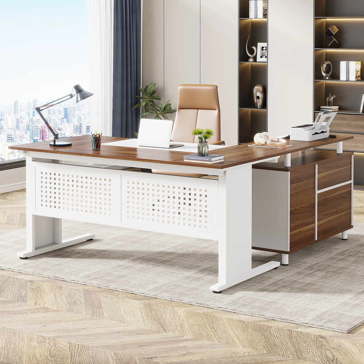 Tribesigns Executive Office Desk With File Cabinet And Storage Shelves