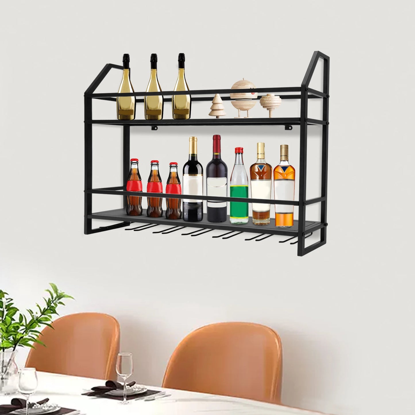 Wall Mounted Wine Rack, Wall Mounted Wine Bottle Holder Shelf Black, Steel Wine Storage Rack for Kitchen, Bar, Home, Organizer