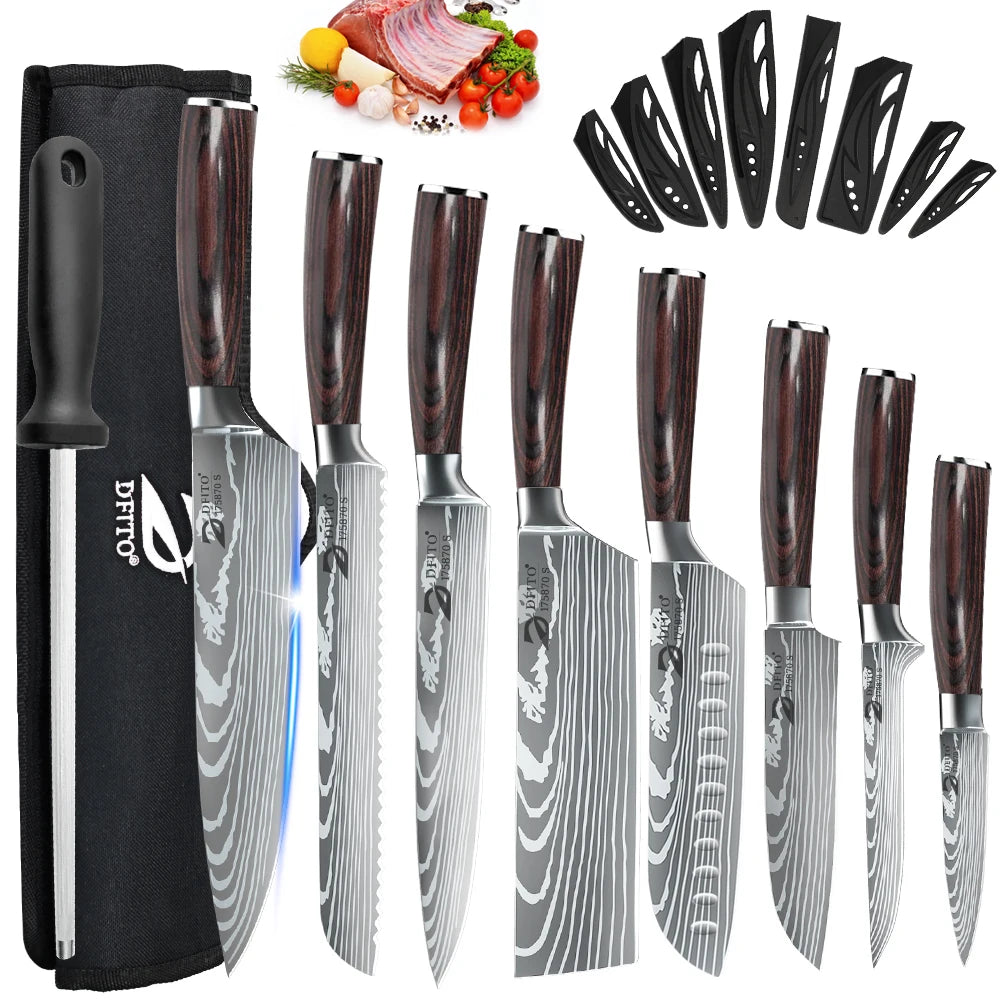 KEPEAK Kitchen Knife Set 7Cr17Mov Stainless Steel Chef Santoku Cleaver