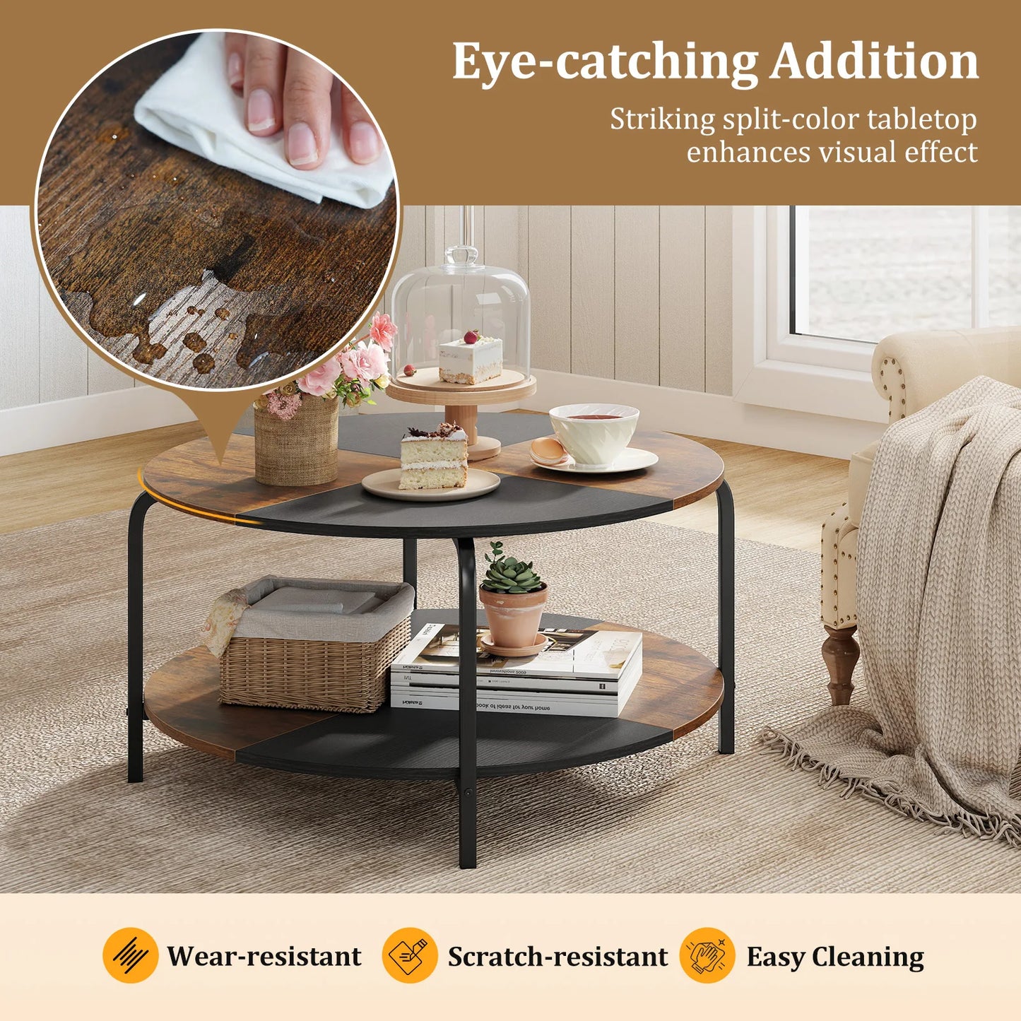 2-Tier Round Coffee Table w/ Storage Shelf, Metal Frame for Living Room Apartment