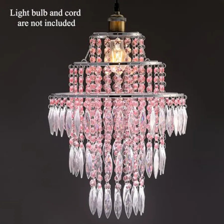 s Acrylic Chandeliers lamp Shade, Pink Acrylic Beaded Chandelier, Pendant Ceiling Light Shade for Wedding Bedroom Hallway Bathr