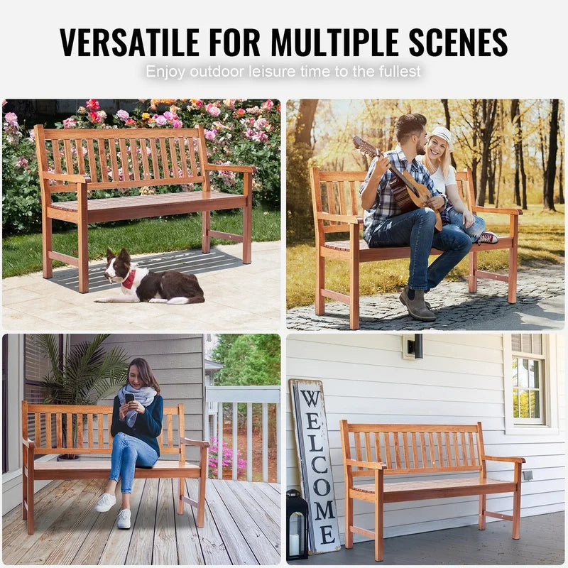 50" Wood Garden Bench with Backrest and Armrests, 800 lbs Capacity, Outdoor Patio Bench for Yard, Park, Front Porch