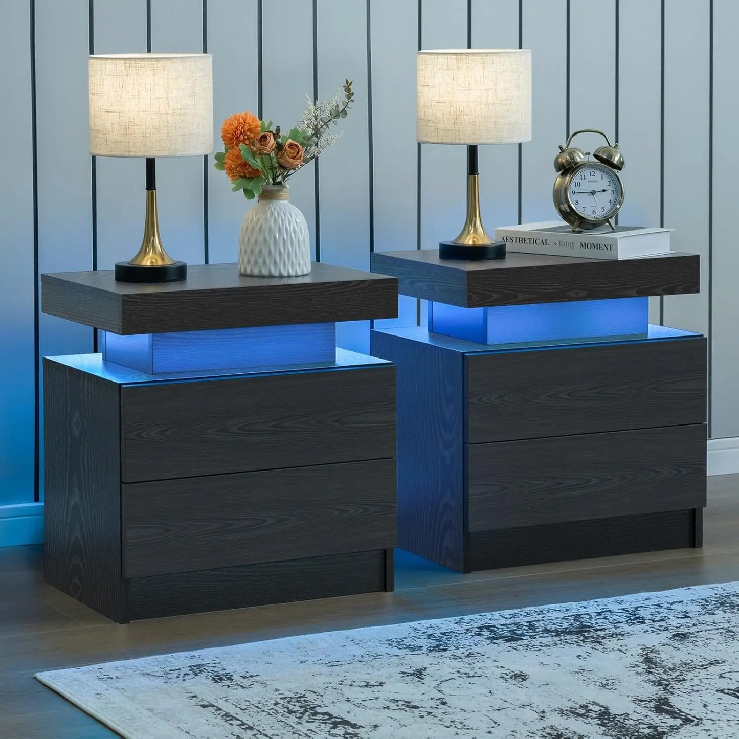 Cubehom Nightstand Set Of 2 With LED Light Two Drawers