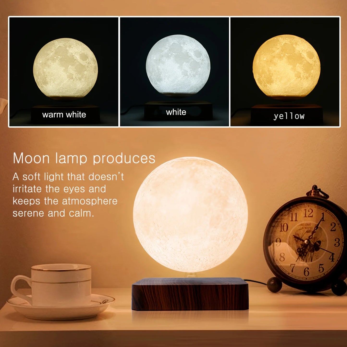 Mexllex Magnetic Rotating Moon Lamp With Wooden Base And 3 Color Temperature LED