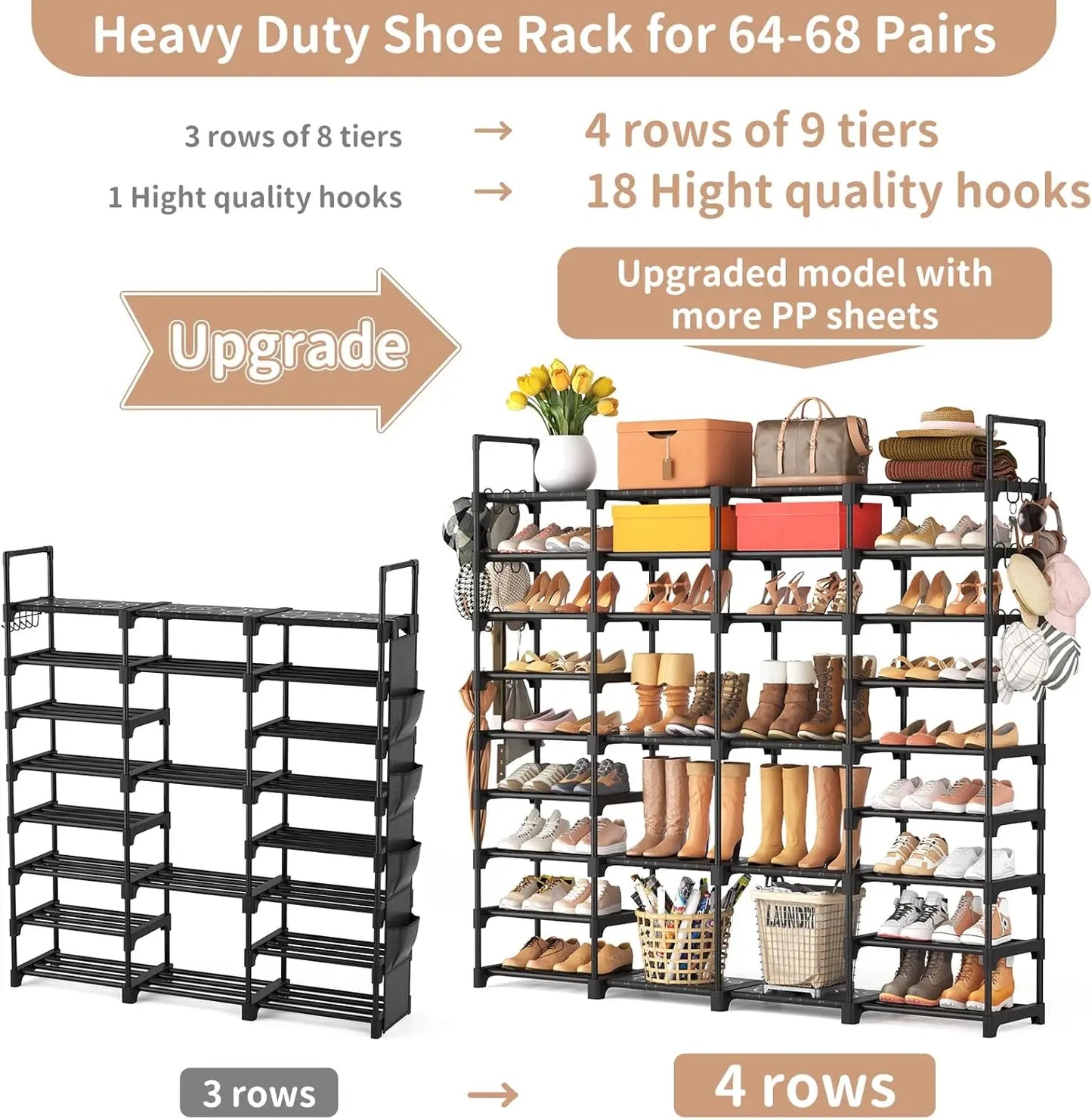 9 Tier Shoe Rack Organizer For Entryway With Removable Hooks