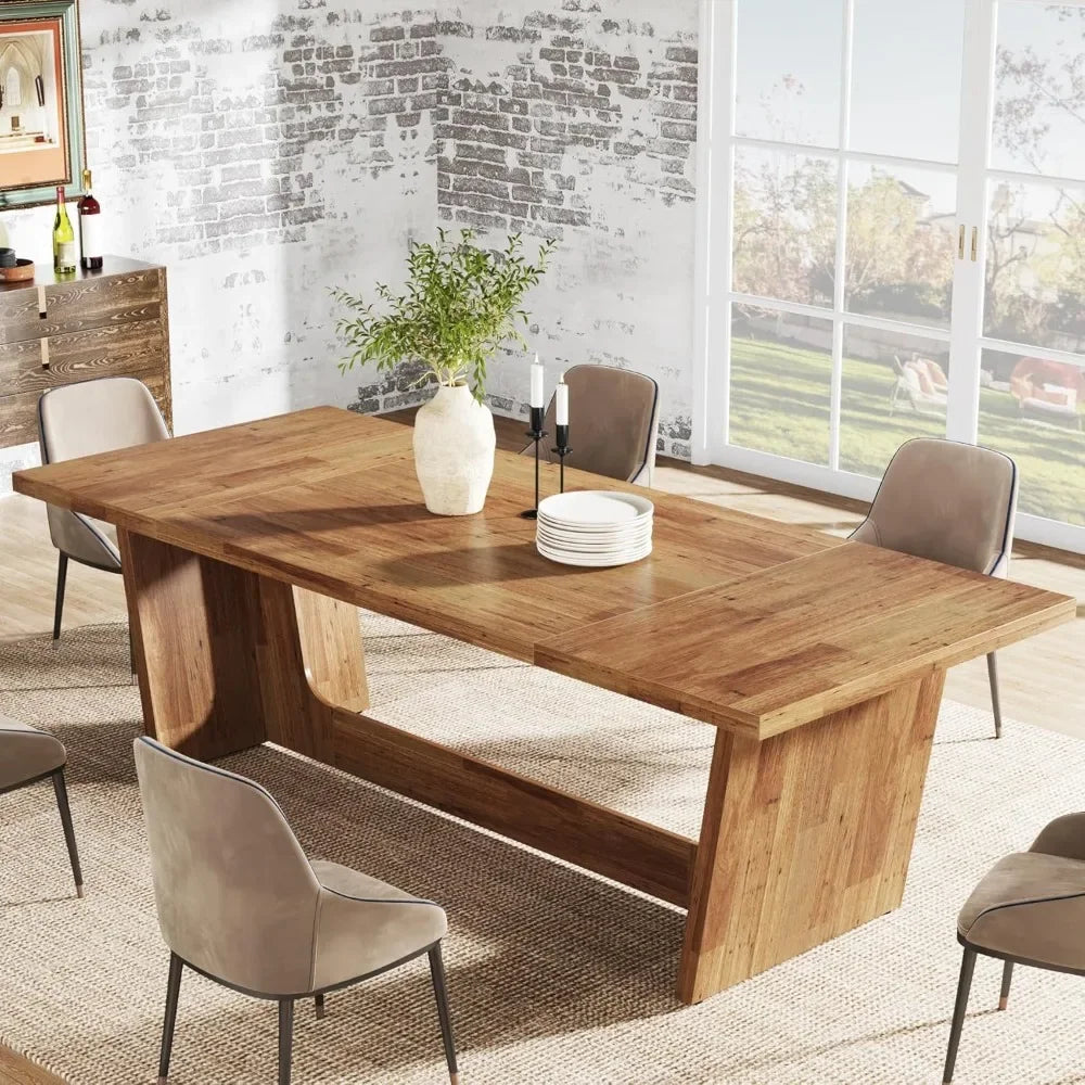 70.87 Inch Dining Table, Large Wooden Dining Table for 6-8 People, Rectangular Farmhouse Kitchen Dining Table with Sturdy Base