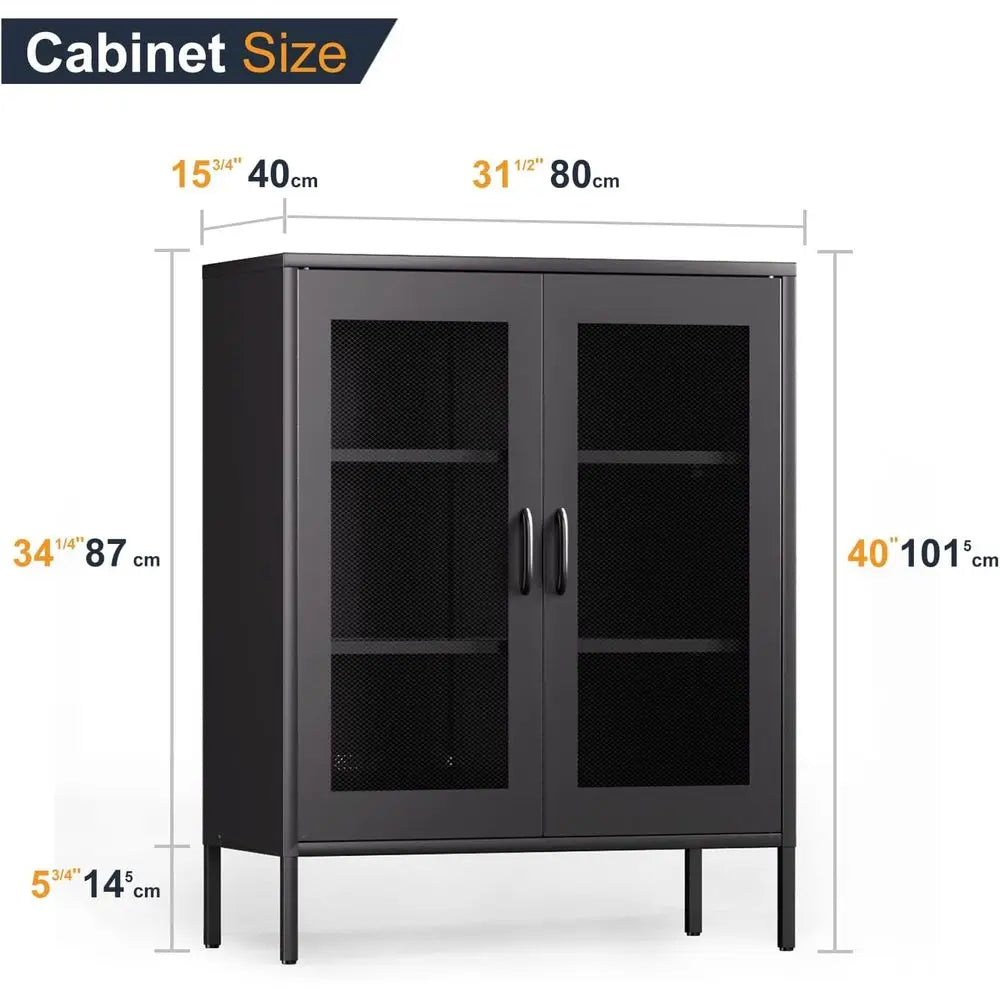 Black Metal Storage Cabinet With Mesh Door And Shelves