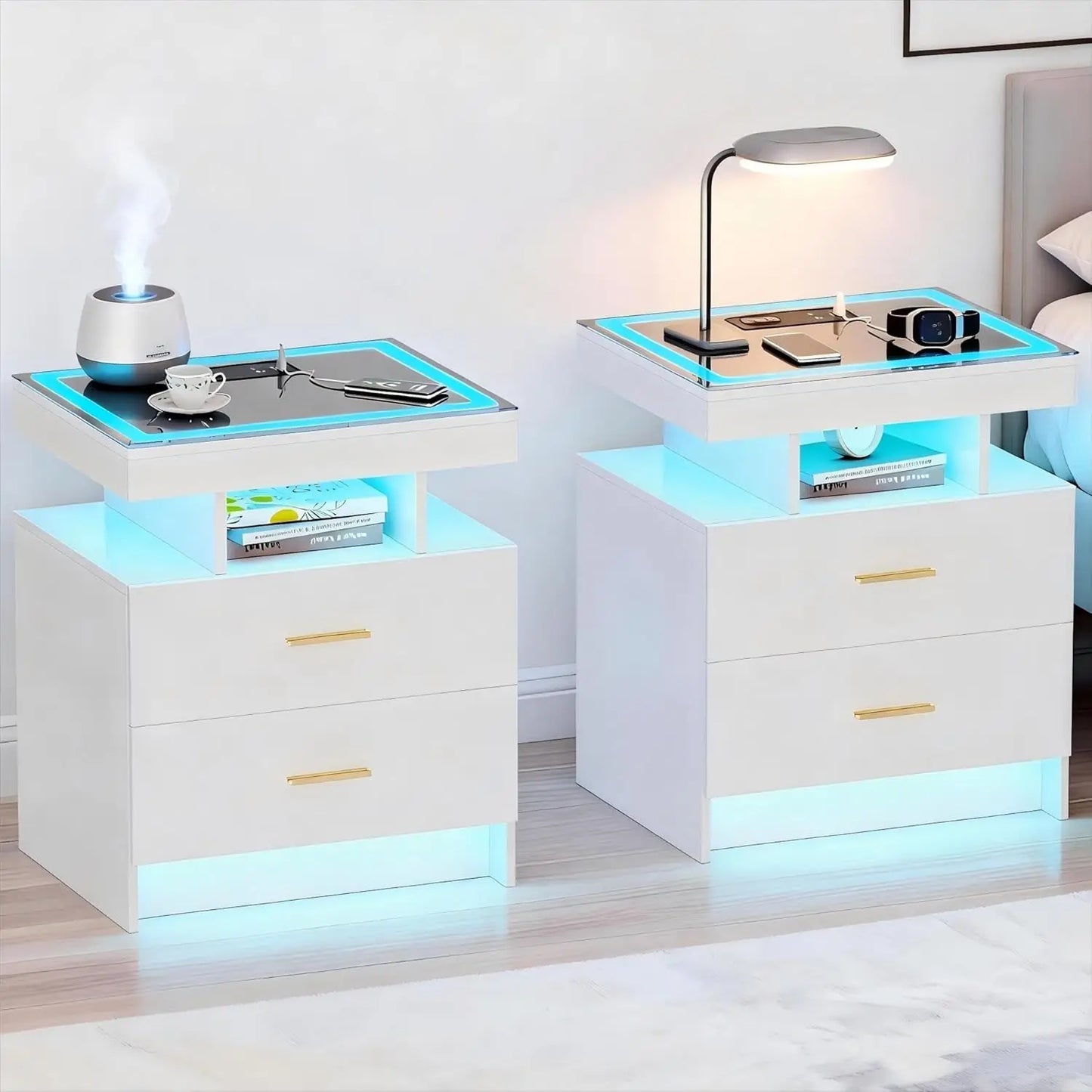 Nightstand With Wireless Charging And Auto Sensor LED End Table