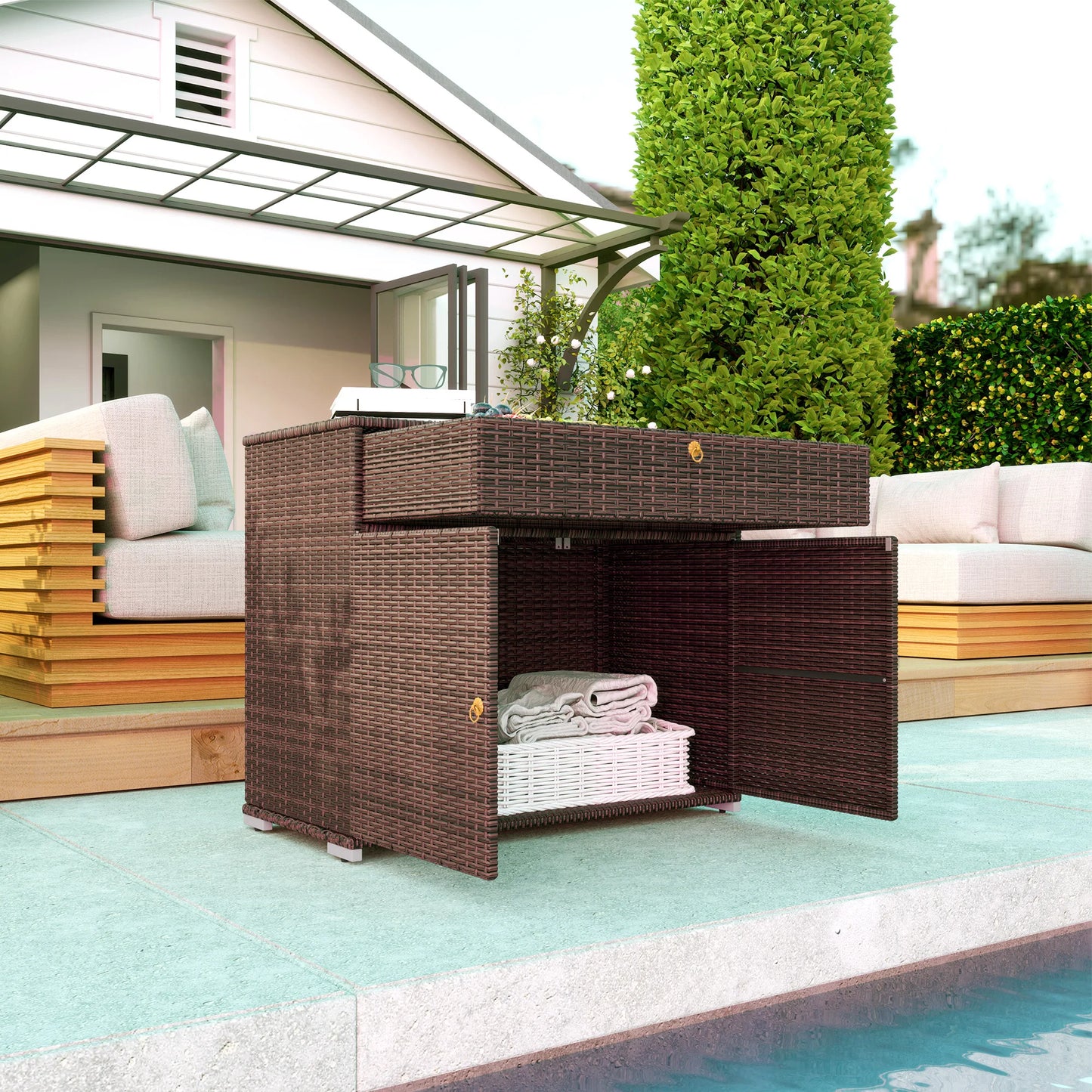 Outsunny Outdoor Pool Towel Rack With Drawer And Cabinet
