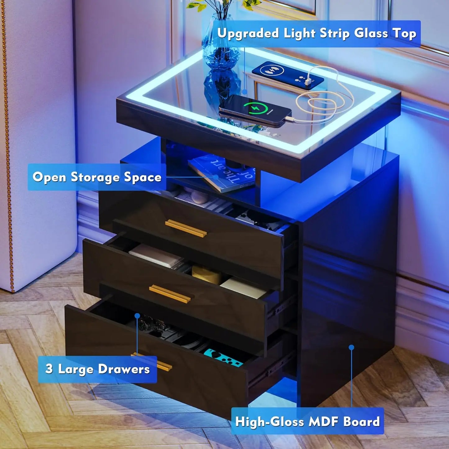 Nightstand With Wireless Charging And Auto Sensor LED End Table