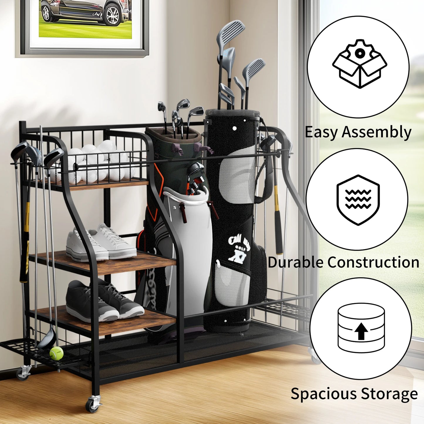 Rolling Golf Bags Storage Rack With Wheels For Sports Gear