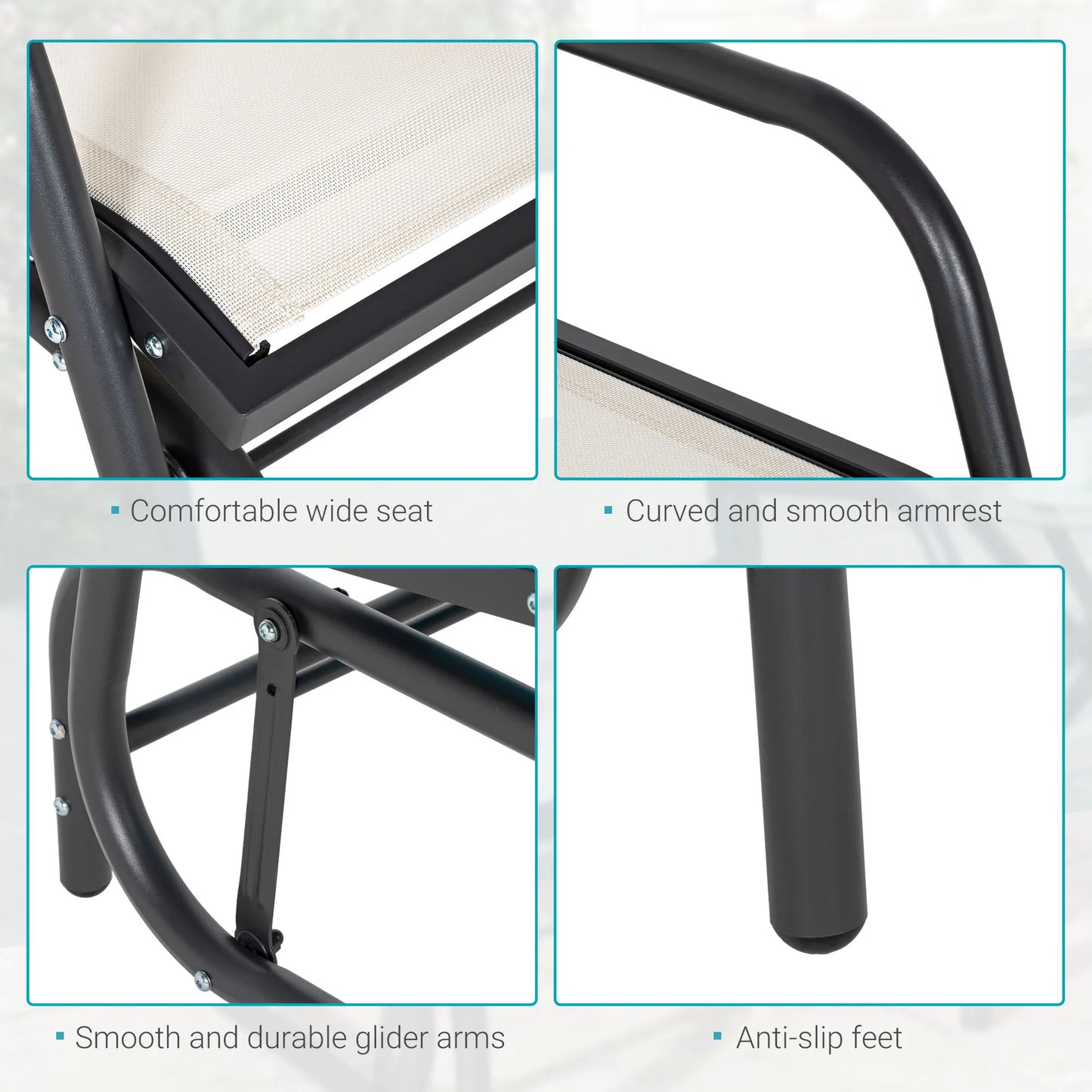 Outdoor Glider Chair, Swing Chair with Breathable Mesh Fabric, Curved Armrests and Steel Frame for Porch, Garden, Poolside, Balcony, Cream