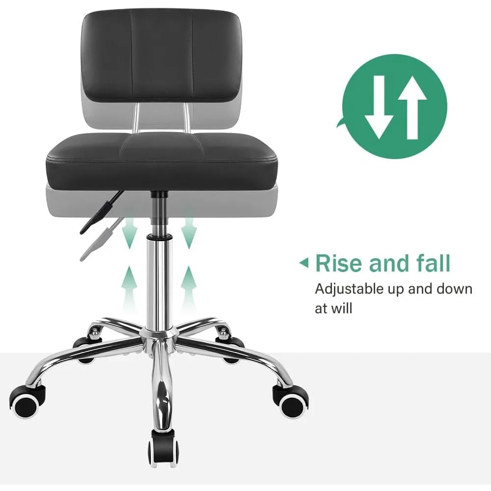 Square Swivel Stool with Back Wheels Adjustable Height for Office Home Work Spa Black