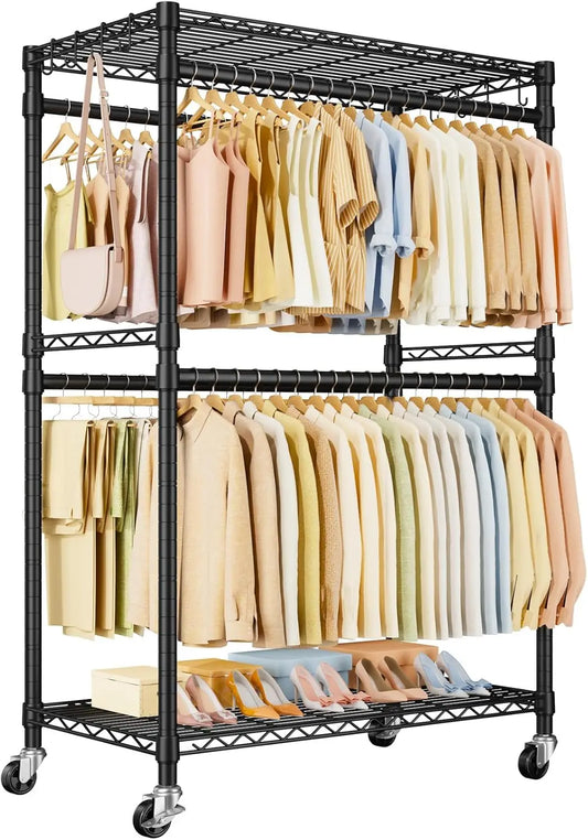 HOME P4 Plus Rolling Clothes Rack Heavy Duty, Clothing Racks for Hanging Clothes, Free Standing Garment Racks with Wheels, Po