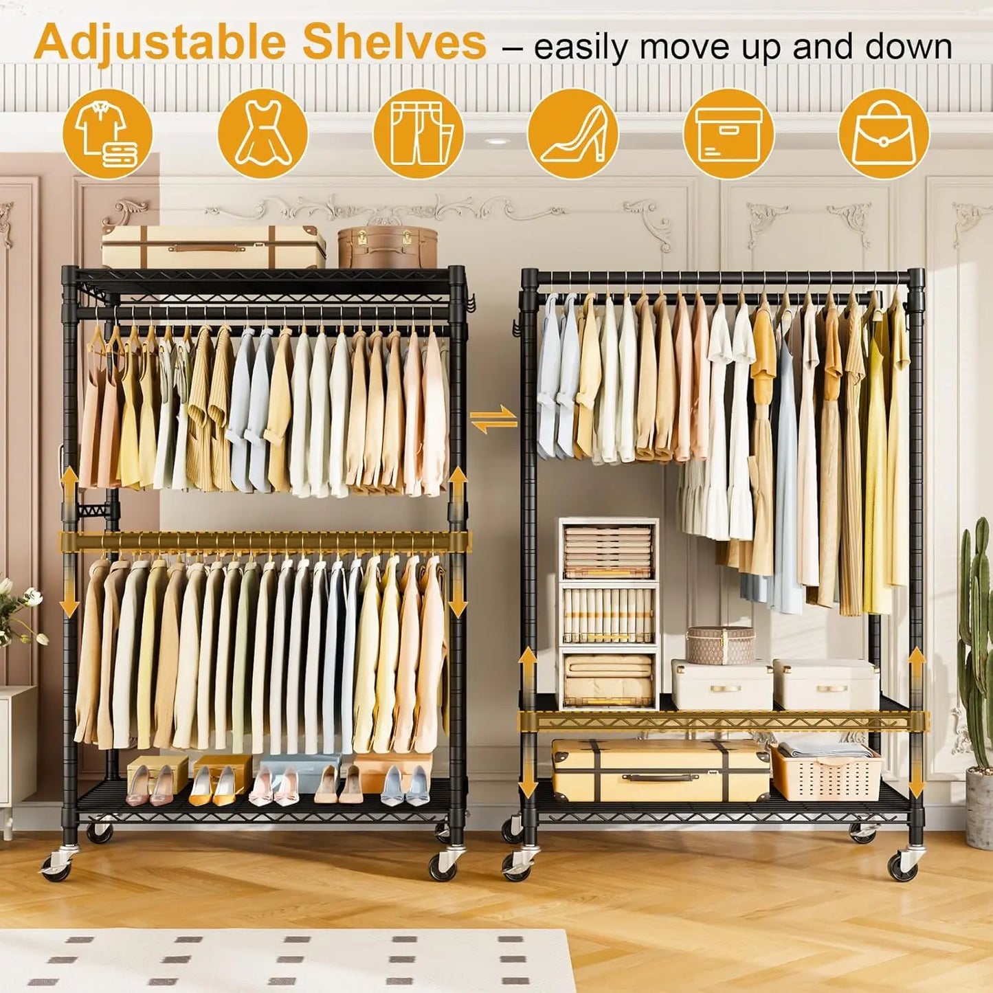 HOME P4 Plus Rolling Clothes Rack Heavy Duty, Clothing Racks for Hanging Clothes, Free Standing Garment Racks with Wheels, Po