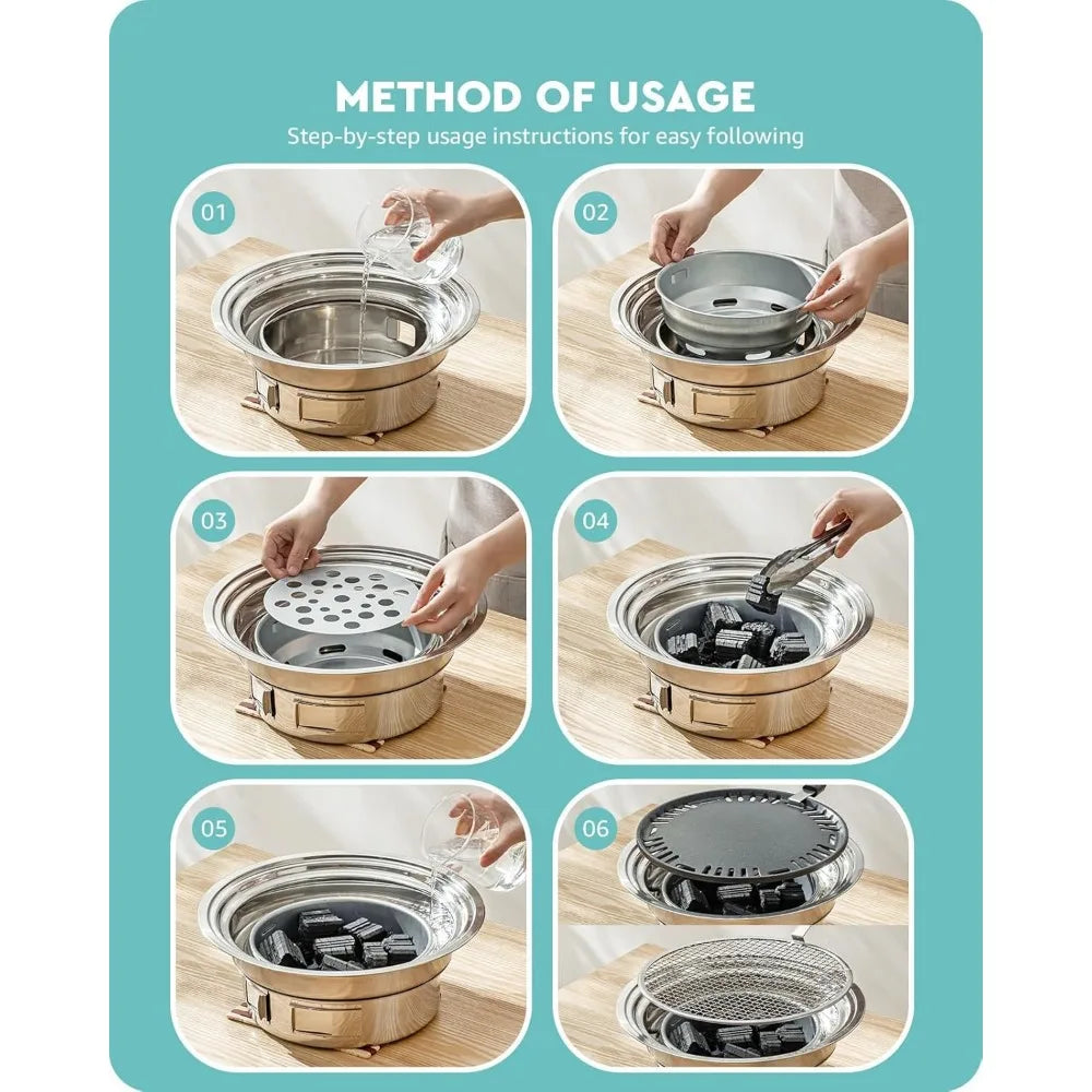 13.7 Inch Non-stick Stainless Steel Korean BBQ Grill Portable Charcoal Stove for Outdoor Camping Picnic Indoor Party Cooking