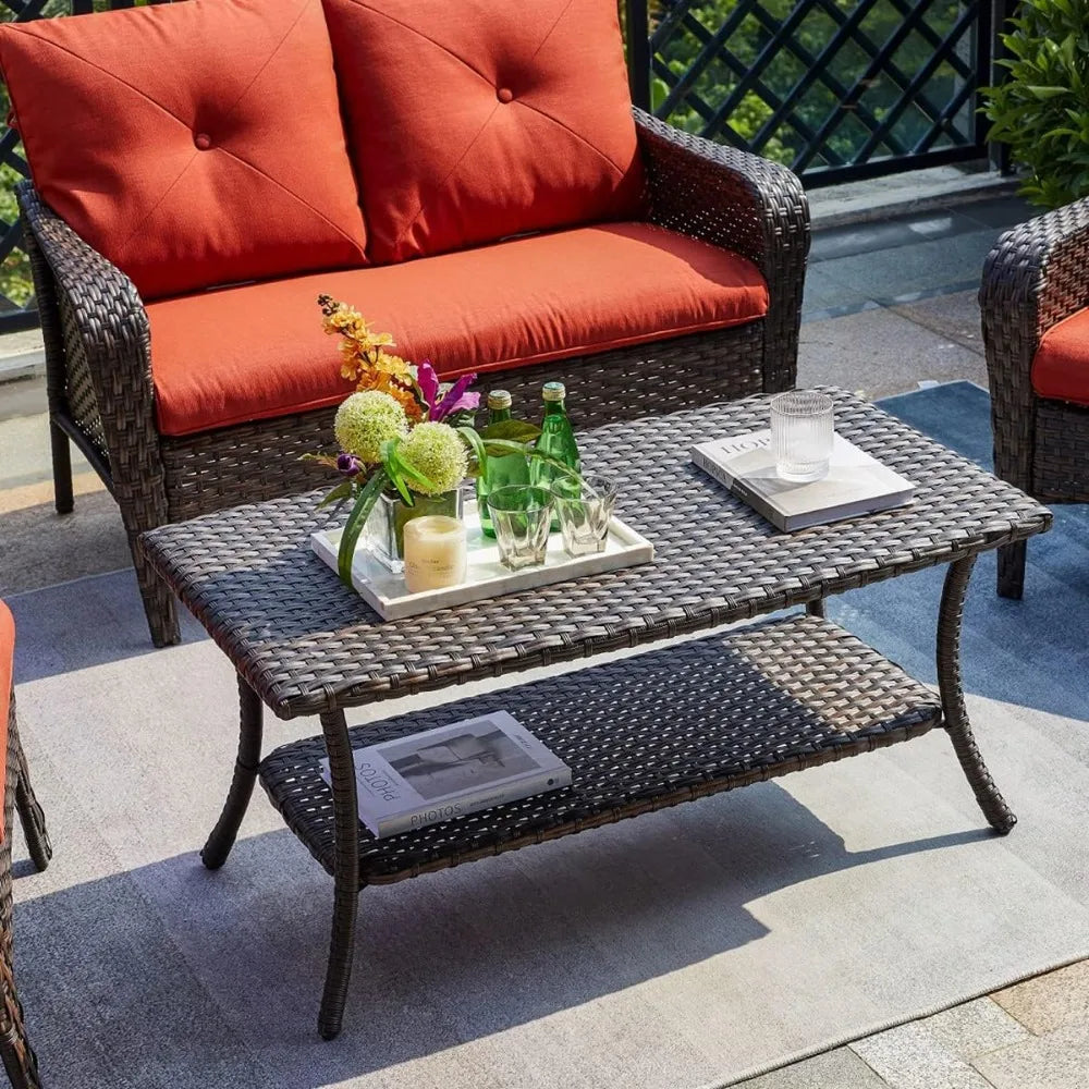 Rattan Outdoor Coffee Table With 2 Layer Storage For Patio
