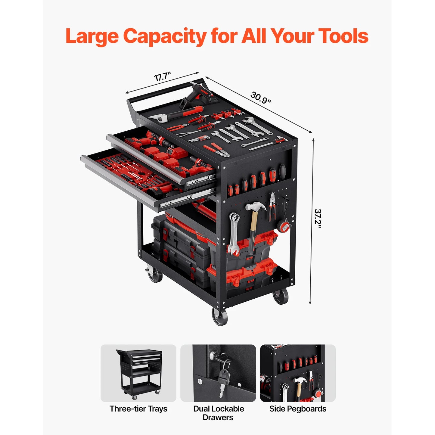 5-Tier Tool Chest Rolling Cart With Locking And Pegboard Storage