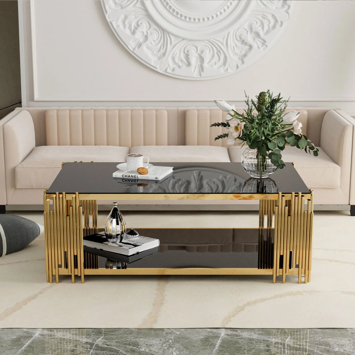Modern Stainless Steel Rectangular Glass Coffee Table With Gold Legs