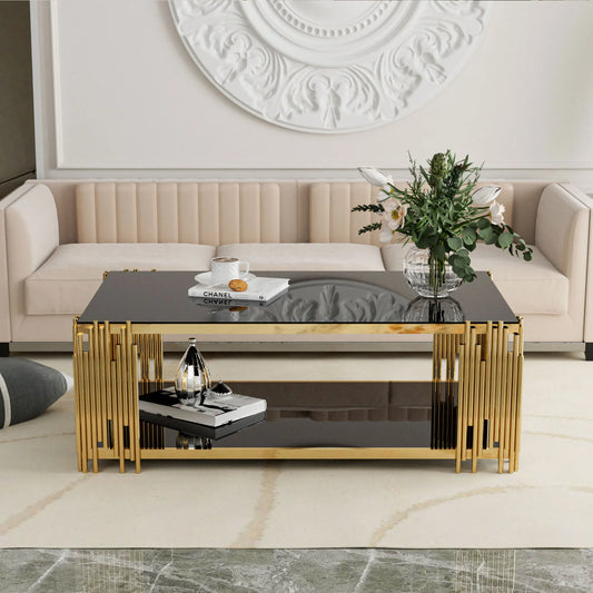 Modern Stainless Steel Rectangular Glass Coffee Table With Gold Legs