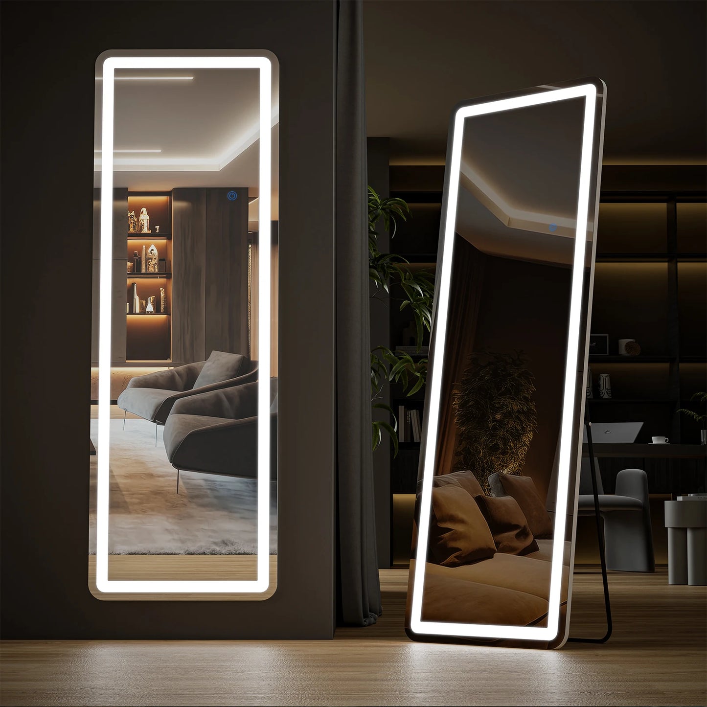 JHK 71"x26" Led Dimming Full Length Mirror 3 Color Lighting Aluminum Alloy Frame Standing Hanging Floor Mirrors For Living Room